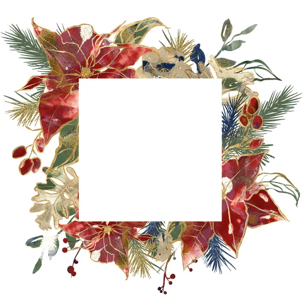 Aquarell Weihnachten Quadratischen Rahmen Aus Gold Kontur Weihnachtsstern Beeren Und — Stockfoto