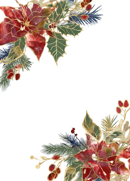 水彩金輪郭ポインセチア 果実と青の枝のクリスマスの境界 白い背景に隔離された花の手描きの休日カード デザイン プリント 背景のイラスト — ストック写真