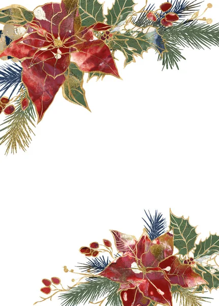 Acquerello Bordo Natale Oro Contorno Poinsettia Rami Bacche Biglietto Natalizio — Foto Stock
