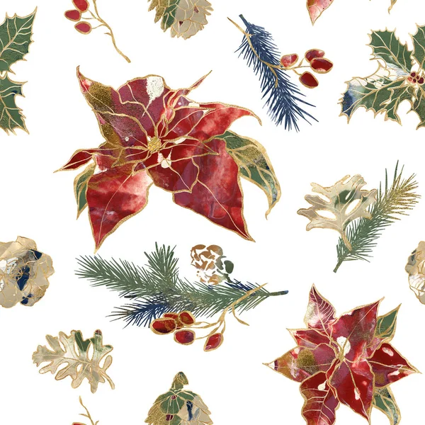 Aquarell Weihnachten Nahtlose Muster Von Goldkontur Weihnachtsstern Beeren Und Tannenzweigen — Stockfoto