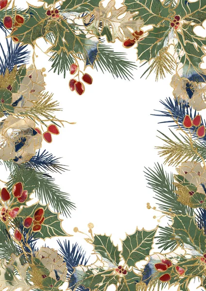 Akvarell Karácsonyi Keret Arany Kontúr Rózsa Kék Fenyő Ágak Bogyók — Stock Fotó