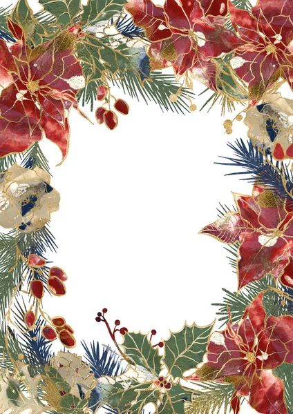 Υδατογραφία Χριστουγεννιάτικο Κάθετο Πλαίσιο Από Χρυσό Περίγραμμα Poinsettia Μούρα Και — Φωτογραφία Αρχείου
