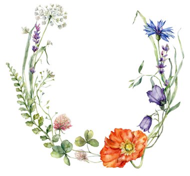 Suluboya çayır çiçekleri haşhaş, yonca, sardunya, campanula ve mısır çiçeği çelengi. Beyaz arka planda yaban çiçeklerinden elde boyanmış çiçek kartı. Tasarım, baskı, arkaplan