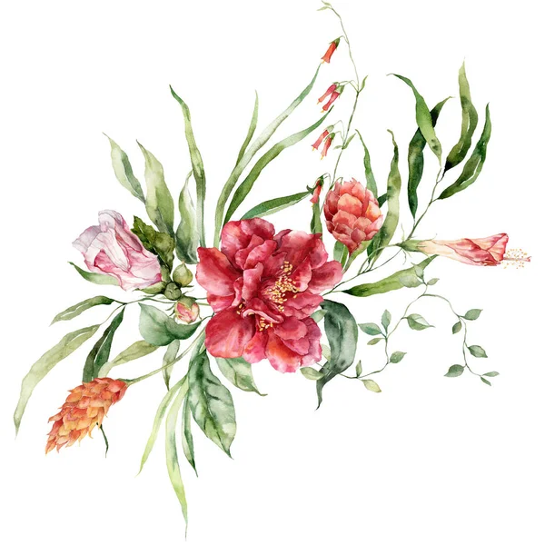 Akvarell Trópusi Virágok Csokor Hibiszkusz Etlingera Fáklya Gyömbér Kézzel Festett — Stock Fotó