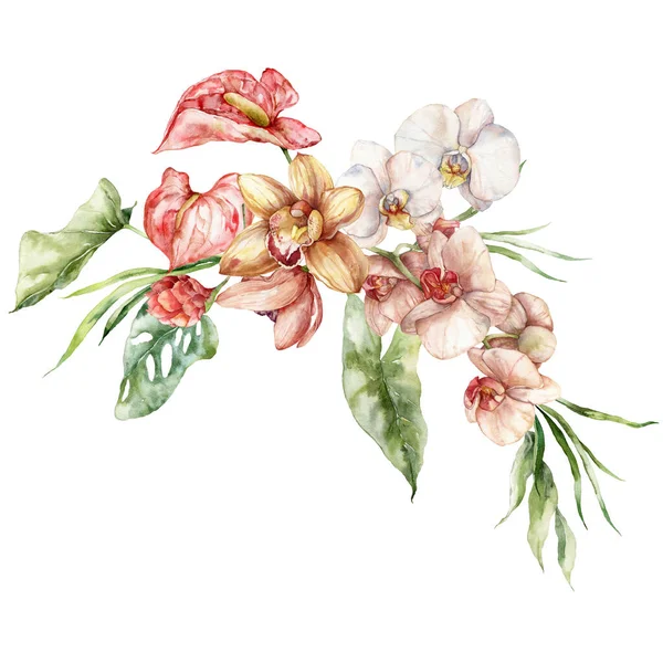 水彩缤纷的热带花 海葵和兰花的花束 手绘花卉招贴画 白色背景孤立 面料或背景的假日说明 — 图库照片