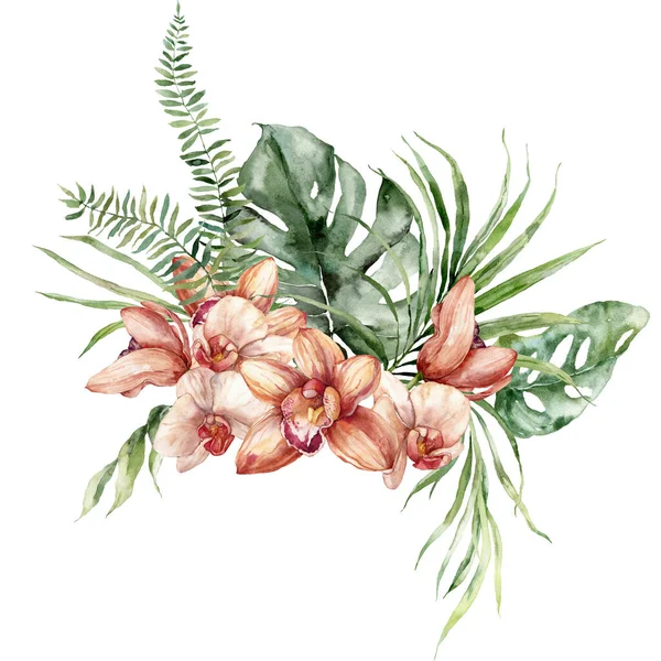Watercolor tropical flowers bouquet of fern, orchid and monstera. Hand painted floral poster isolated on white background. Holiday Illustration for design, print, fabric or background