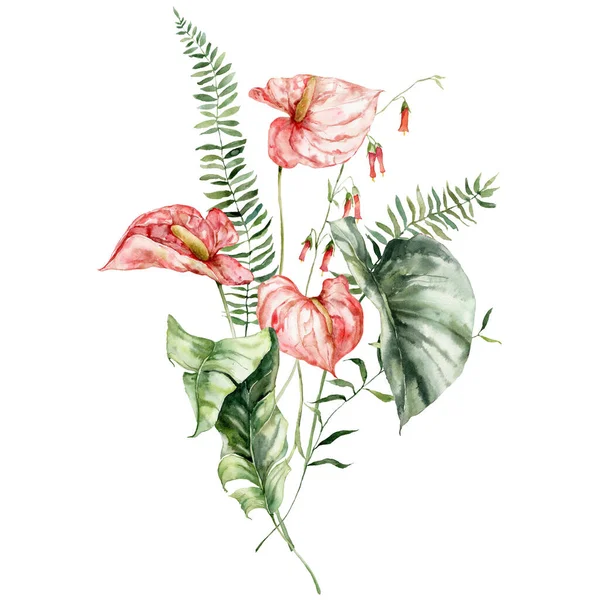꽃들은 두리움 양치식물 바나나 꽃다발이다 배경에 포스터를 그렸다 디자인 배경을 — 스톡 사진
