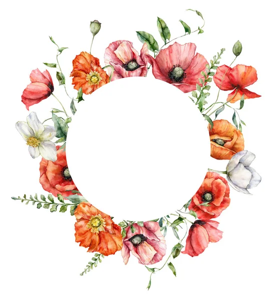 Watercolor Meadow Flowers Circle Frame Poppy Chamomile Leaves Hand Painted — Stock Photo, Image