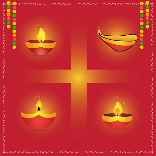 Diwali庆祝图标设置与燃烧各种形状的油灯在病媒插图上 — 图库矢量图片