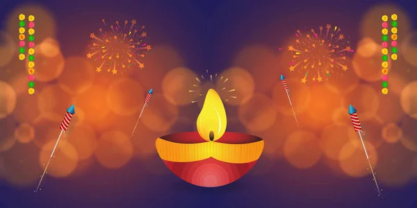 Verlichte Diya Olielampen Vuurwerk Raket Wazig Bokeh Achtergrond Voor Diwali — Stockvector