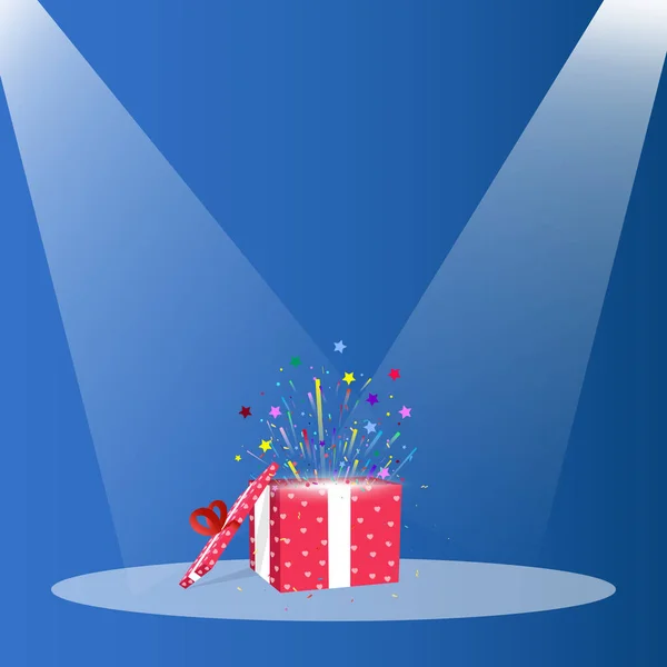 Abre Caja Regalo Roja Con Estrellas Voladoras Confeti Fondo Navidad — Vector de stock