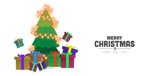 Salutations Noël Nouvel Avec Des Lumières Colorées Autour Fond Arbre — Image vectorielle