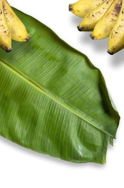 Beyaz arka planda yeşil muz yaprağıyla izole edilmiş olgun sarı muzlar..