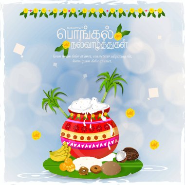 Güney Hindistan 'da Mutlu Pongal Tatil Hasat Festivali. Happy Pongal Tamil Metnini Çevir.