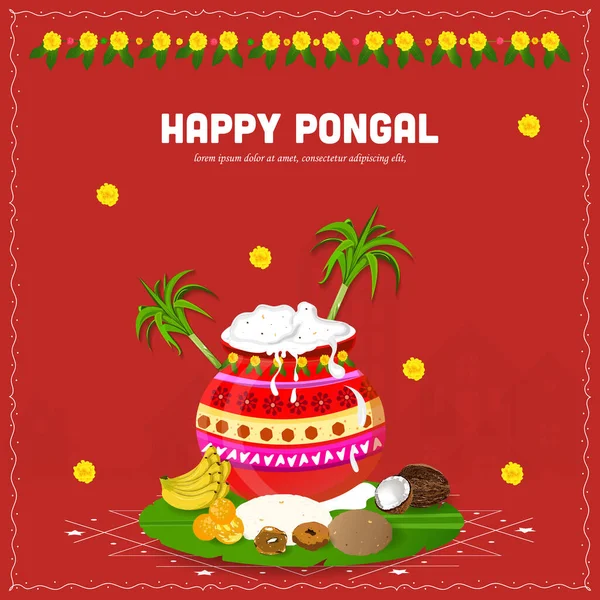 Tarjeta Felicitación Con Flores Para Pongal Festival Tradicional Indio — Vector de stock