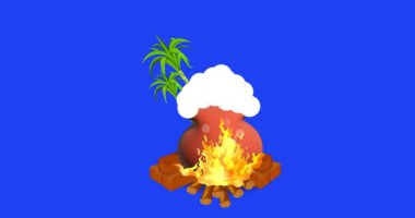 Mutlu Pongal Festivali çömleği ve şeker kamışı mavi ekranda. Happy Pongal selamı için kullanılabilir. Mavi Ekran Alfa Kanalı ile animasyon. 4k