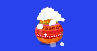 Pongal, bir animasyon videosundaki mavi ekran arka planında bir Pongal kabında taşar. Mutlu Pongal Festivalleri. 4k