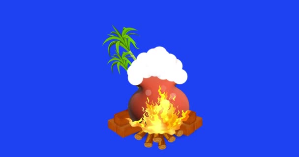 Happy Pongal Festival Pot Sugarcane Blue Screen Can Used Happy — 图库视频影像