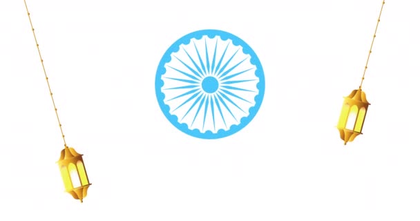 印度Ashoka Chakra视频动画 白色背景上有两盏灯 印第安人独立日或共和国日的问候或宣传片 — 图库视频影像