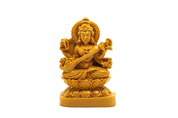 Statue Saraswati Carved Brown Wood Isolated White Background — Stock Photo, Image