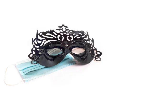 Zwarte Kleur Carnaval Masker Met Beschermende Chirurgische Masker — Stockfoto