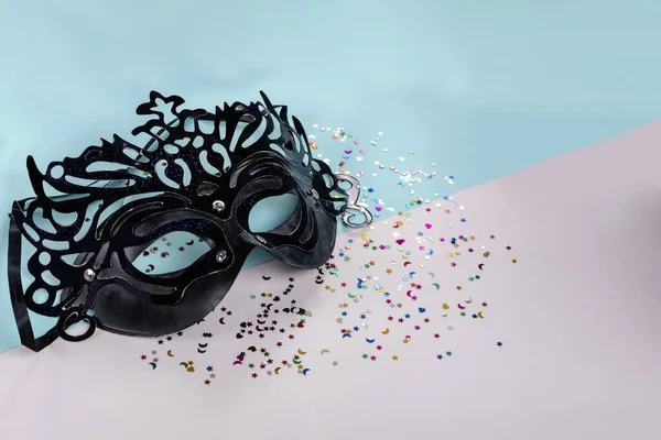 Glad Purim Karneval Mask Och Glitter Stjärna Blå Vit Bakgrund — Stockfoto
