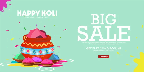 大减价广告海报在霍里节庆销售为快乐的整体色彩节 Holi是印度最大的彩色节 — 图库矢量图片