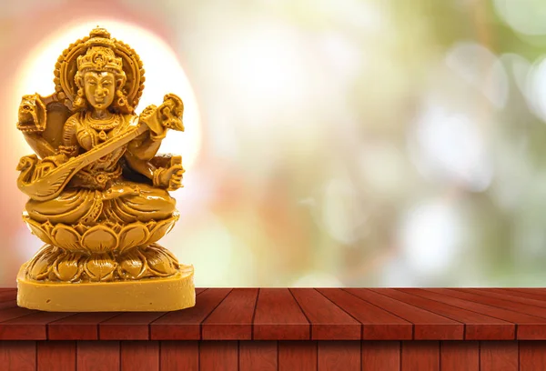 Hindu God Saraswati Statue Carved Brown Wood Wooden Table Has — Stock Photo, Image