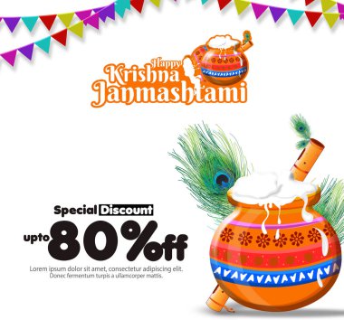 % 80 indirimli satış teklif afişi veya afiş Hint festivali Mutlu Krishna Janmashtami kutlamaları.