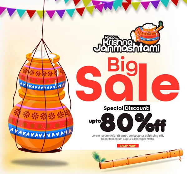 80% big sale offer poster or banner Indian festival Happy Krishna Janmashtami celebration.