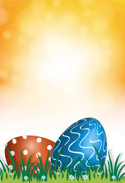 Easter poster and banner template with colorful painted Easter eggs in the grass on light yellow bokeh background.