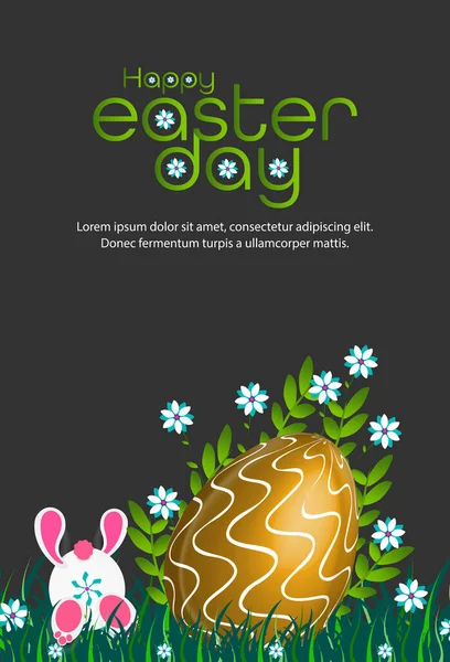Easter poster and flyer template with big golden Easter eggs and Easter bunny jumping grass on black background.
