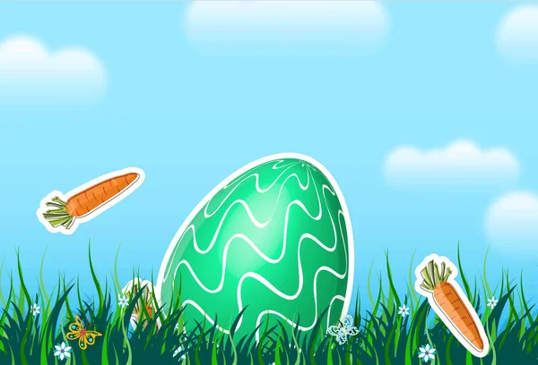 Happy Easter banner design with colorful eggs and spring flowers on sky background. illustration.