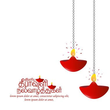 Diwali festivali için Diwali elementleriyle vektör illüstrasyon veya tebrik kartı. Mutlu Diwali Tamil Metnini Çevir.