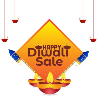 Diya Yağ Lambası ve Havai fişek Elementleriyle Mutlu Diwali Satış Tasarımı,