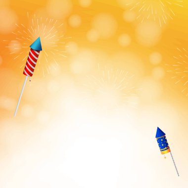 Sarı renkli bokeh arka planda şenlikli havai fişekler. Havai fişek arka planı. Metnin için alanı kopyala. Vektör illüstrasyonu