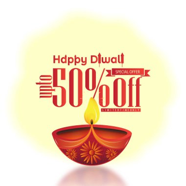 Diwali satışında% 50 'ye varan özel bir teklif. Beyaz arka planda Happy Diwali metin tasarımı olan büyük bir diya yağı lambası. Şenlik indirimi, indirim konsepti