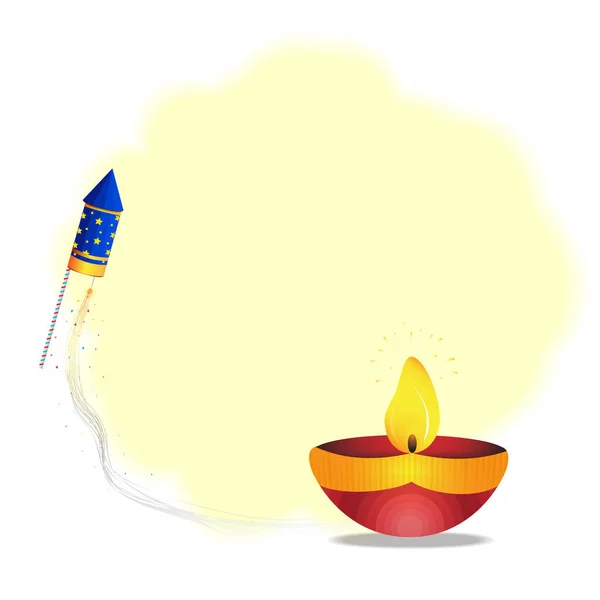 Happy Diwali Met Brandende Diya Olielamp Met Crackers Gele Achtergrond — Stockvector