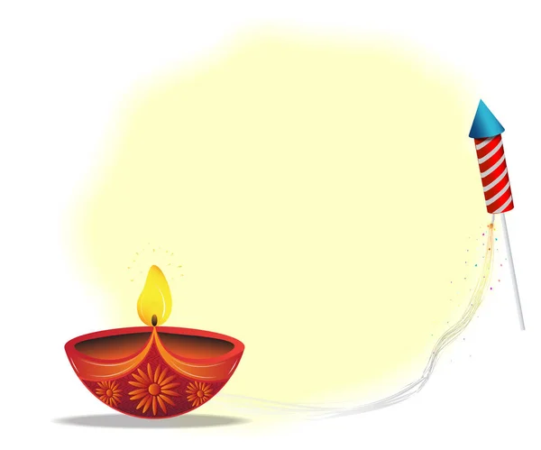 Diwali Wenssjabloon Met Mooie Brandende Diwali Diya Olielamp Met Crackers — Stockvector