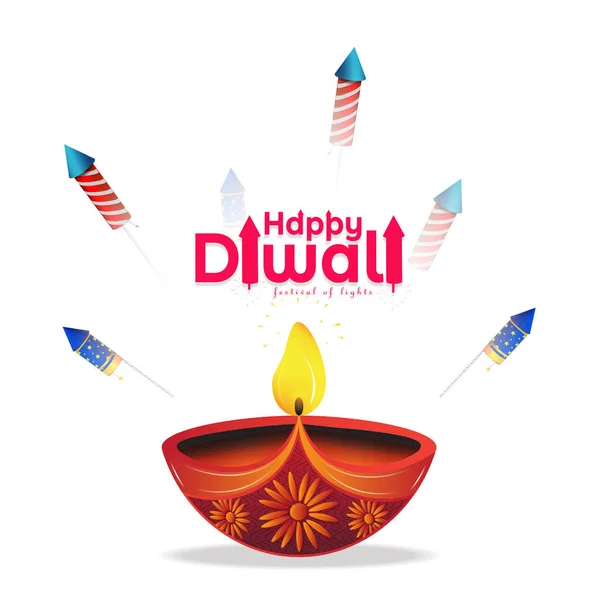 Gelukkig Diwali Diwali Crackers Met Grote Diya Olielamp Witte Achtergrond — Stockvector