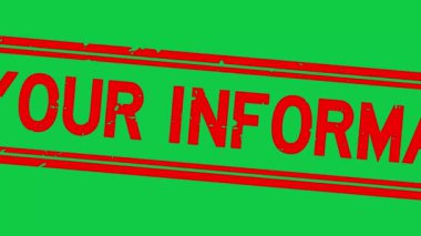 Bilgi sözcüğünüz için Grunge kırmızısı. Kare kauçuk mühür. Yeşil arkaplana yakınlaştır.