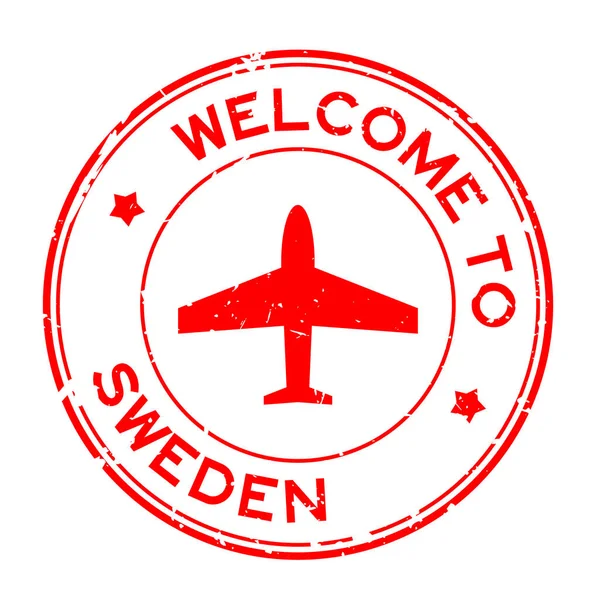 Grunge Vermelho Bem Vindo Suécia Palavra Com Ícone Avião Redonda —  Vetores de Stock