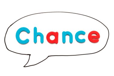 Beyaz tahta arka planında balon konuşması olarak siyah çizgili kelime şansı içeren alfabe harfi