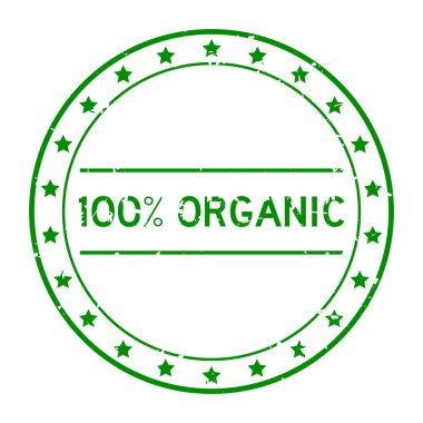 Grunge Green% 100 organik kelime yuvarlak lastik mühür beyaz arka planda
