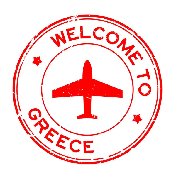 Grunge Red Welcome Greece Word Airplane Icon Rubber Seal Stamp — Stock Vector