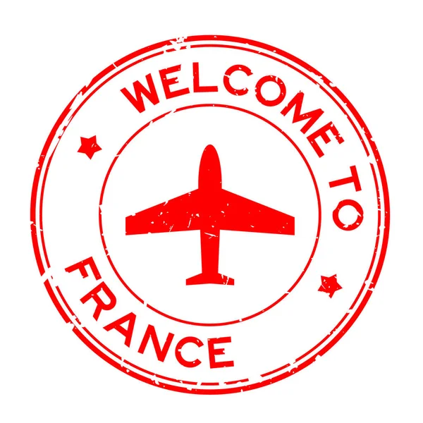Grunge Rojo Bienvenida Francia Palabra Con Icono Avión Sello Goma — Vector de stock