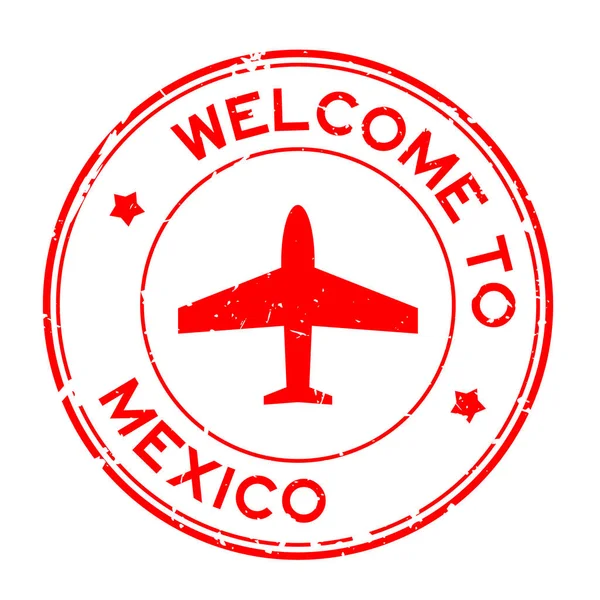 Grunge Rood Welkom Mexico Woord Met Vliegtuig Pictogram Ronde Rubberen — Stockvector