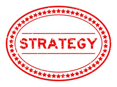 Grunge kırmızı strateji kelime oval lastik mühür beyaz arka planda