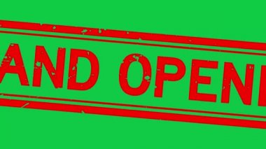 Grunge kırmızı büyük açılış sözcüğü kare kauçuk mühür yeşil arka planda yakınlaştır