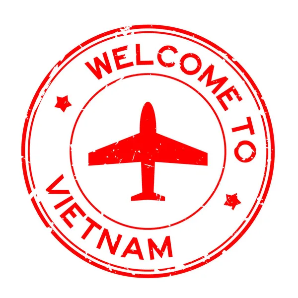 Grunge Vermelho Bem Vindo Vietnã Palavra Com Ícone Avião Redonda —  Vetores de Stock